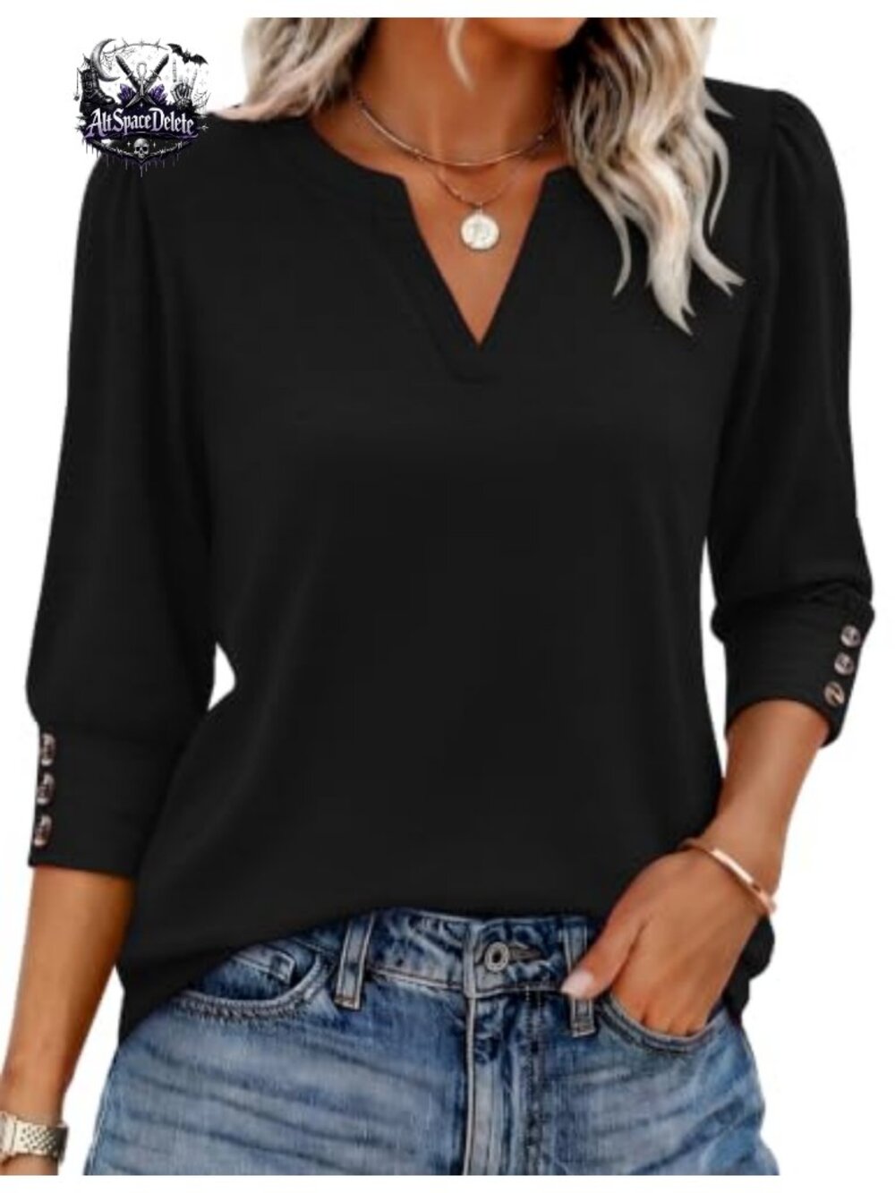 Ekouaer 3/4 Sleeve V Neck Blouse Puff Shoulder Button Cuff Work Top